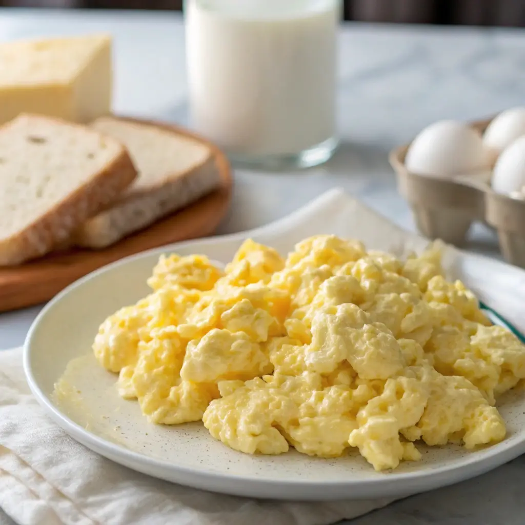 Fluffy cottage cheese scrambled eggs on a plate.