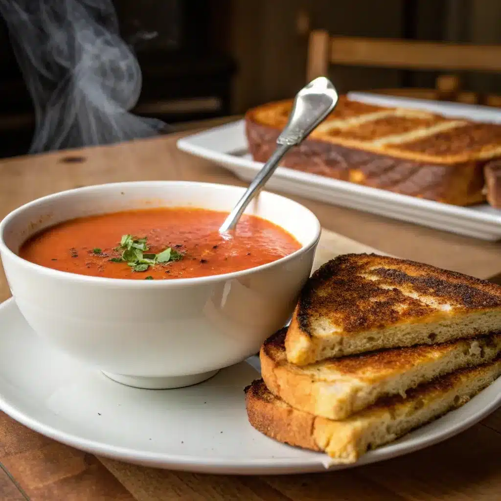 High protein tomato soup served with a grilled cheese sandwich.