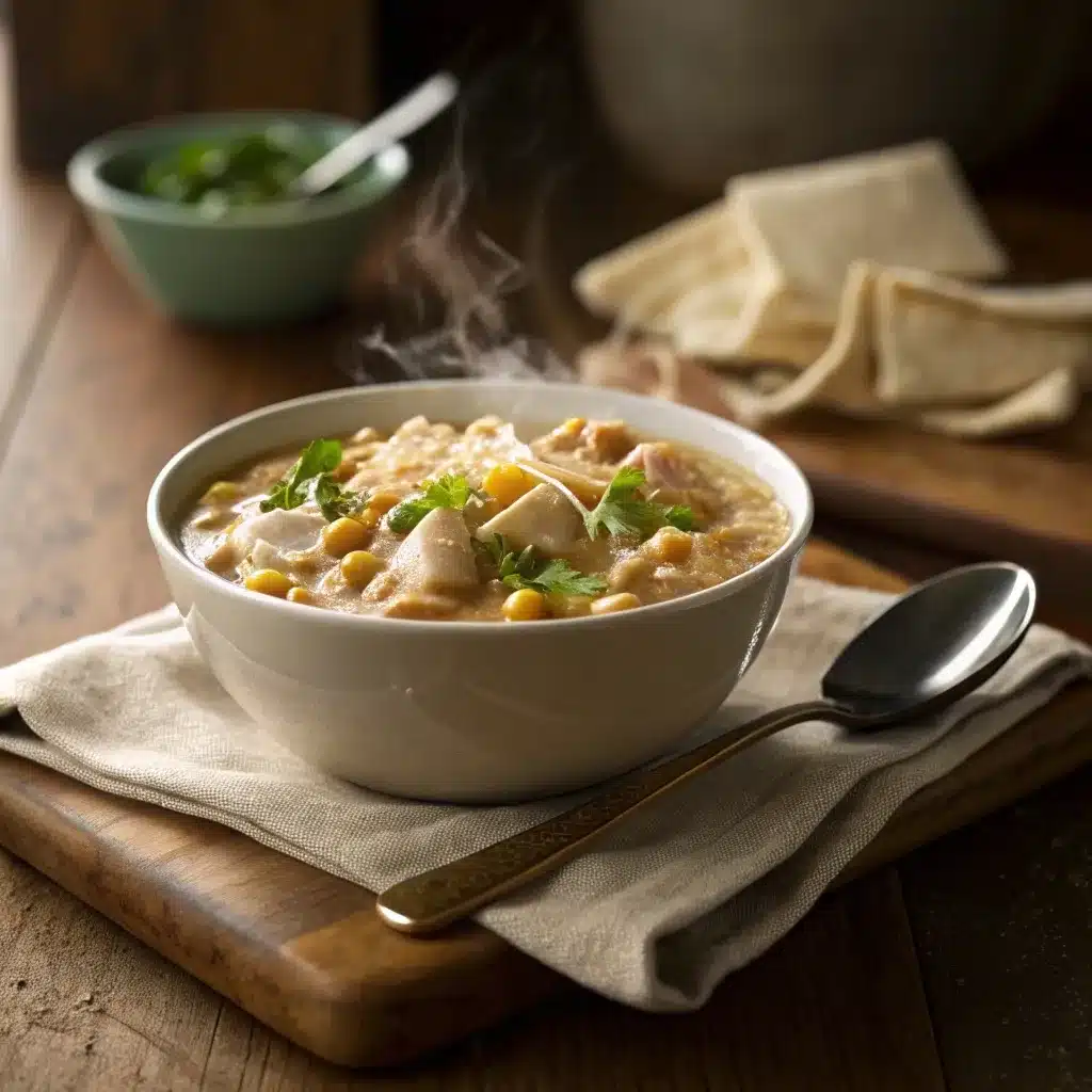A cozy dinner setting with a bowl of white chicken chili.