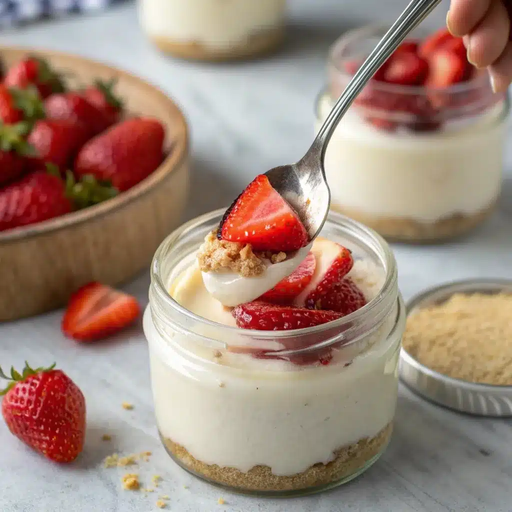 A spoon scooping creamy Cottage Cheese Cheesecake Jar with strawberry topping.