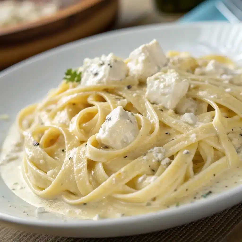 Close up of fettuccine noodles coated in thick cottage cheese alfredo sauce.