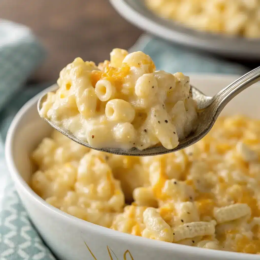 Close up of the creamy texture of cottage cheese mac and cheese on a spoon.
