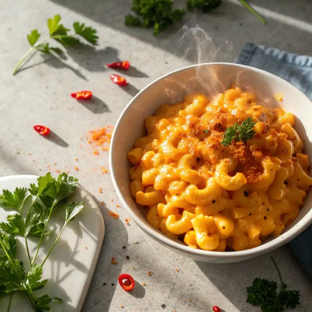 Large serving bowl of colorful and creamy high protein mac and cheese.