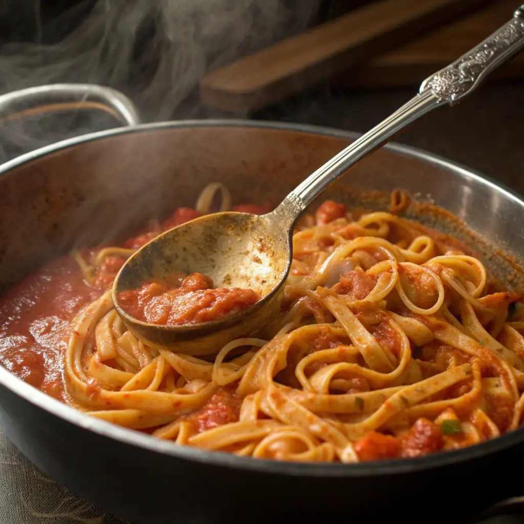 Close up of the creamy texture of roasted red pepper sauce.
