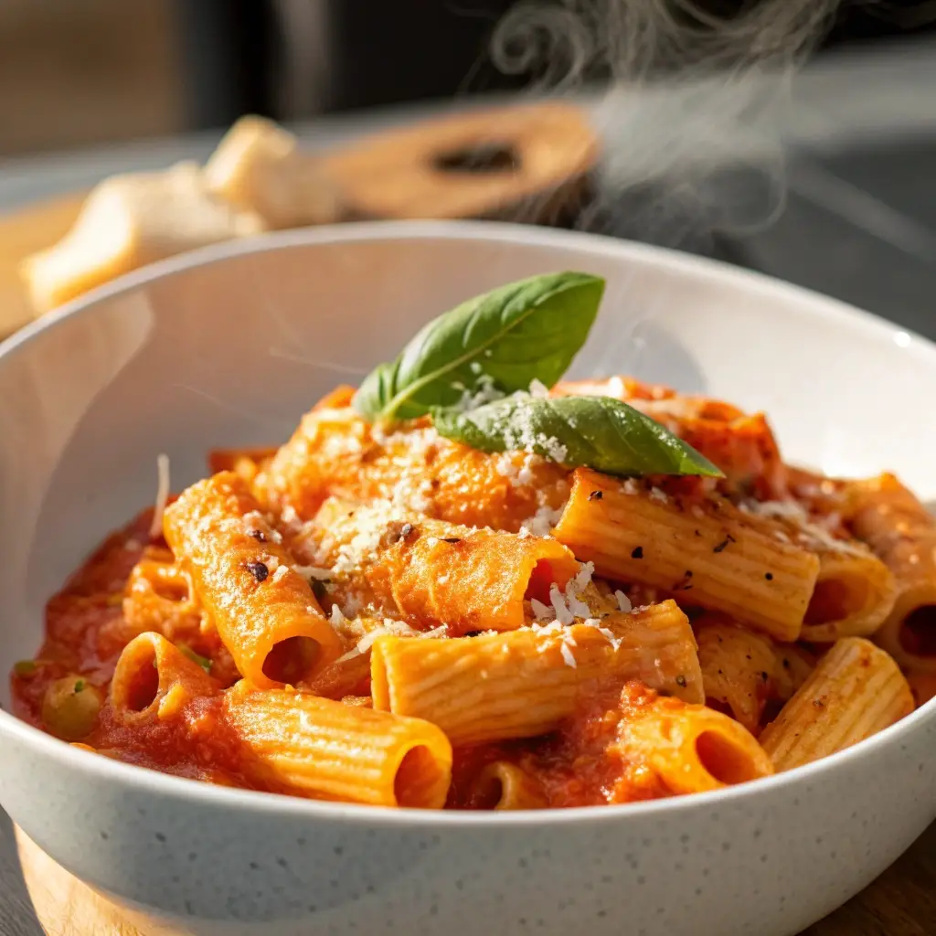 A large bowl of Creamy Roasted Red Pepper Pasta with basil.