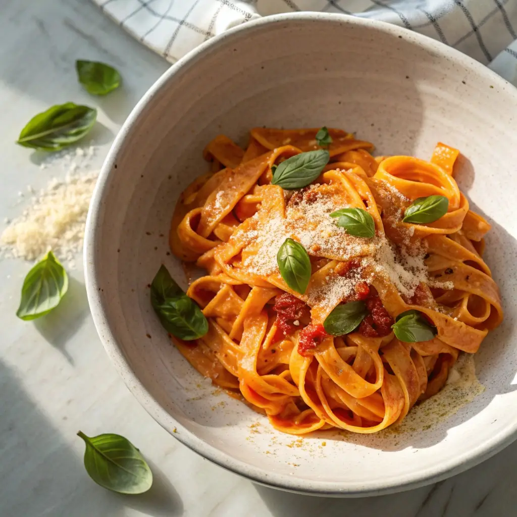 Large serving bowl of creamy roasted red pepper pasta.