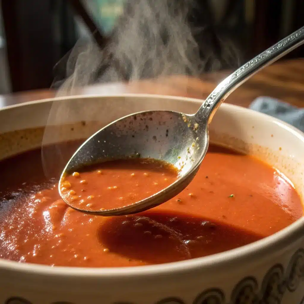 Close up of the creamy texture of high protein tomato soup on a spoon.