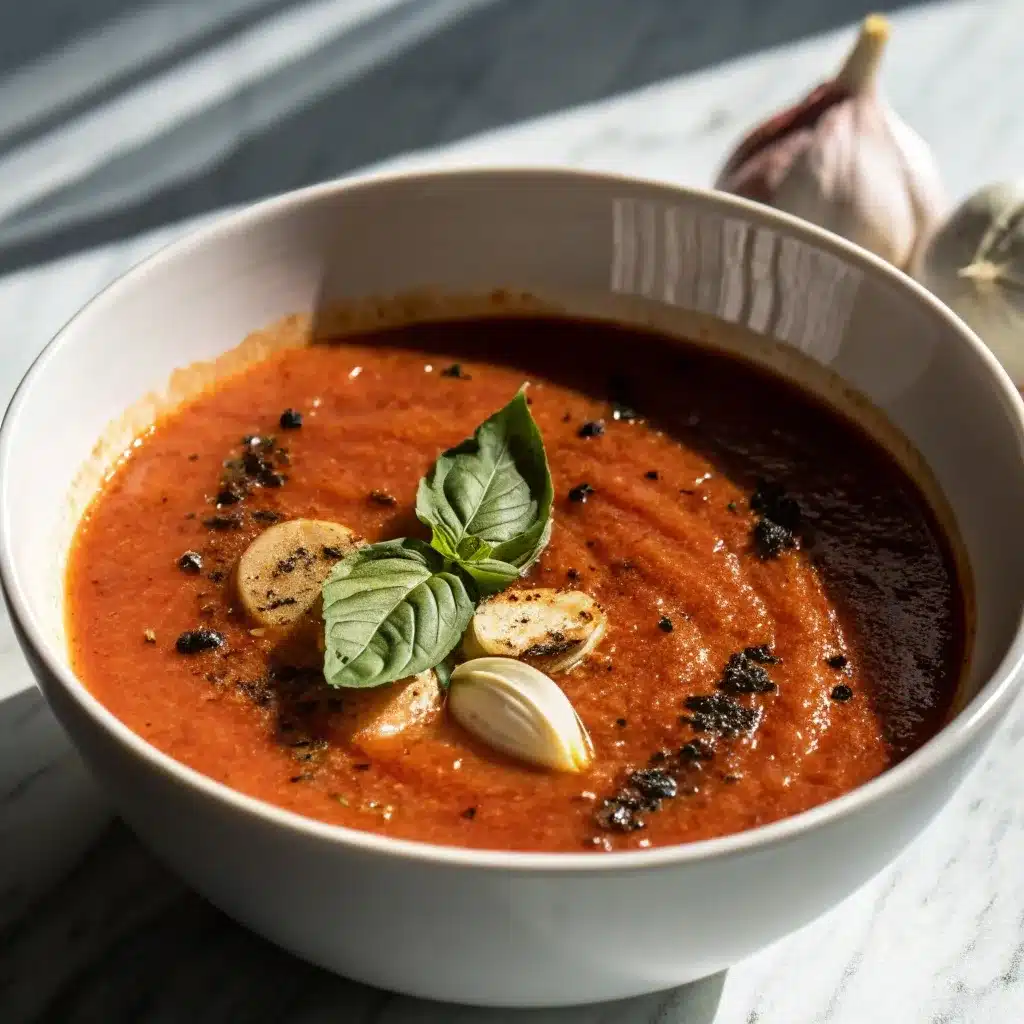 A serving of thick and creamy roasted tomato soup in a white bowl.