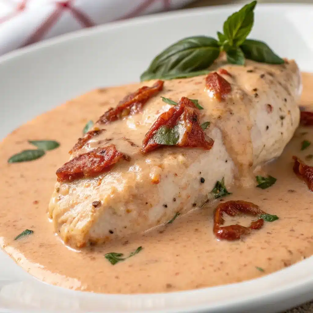 Extreme close up of creamy Marry Me Chicken sauce with sun dried tomatoes and basil.