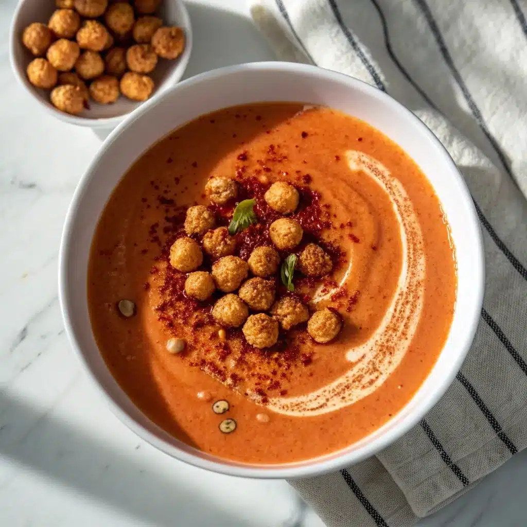 High protein tomato soup topped with crispy roasted chickpeas.