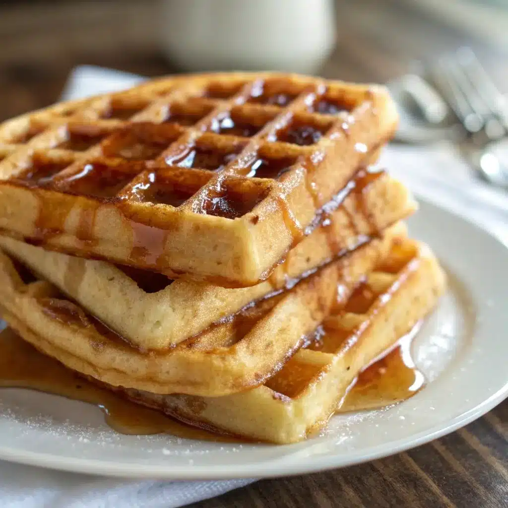 Stack of crispy High Protein Cottage Cheese Waffles with syrup.