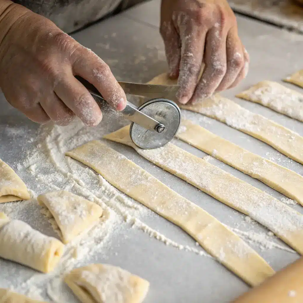 Slicing the rolled out high protein dough into breadstick strips using a pizza cutter.