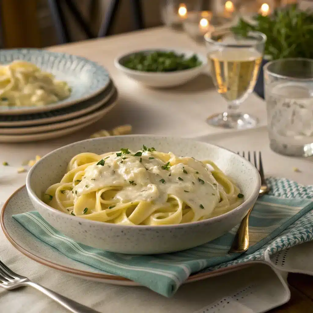 A dinner setting with a bowl of easy cottage cheese alfredo sauce pasta.