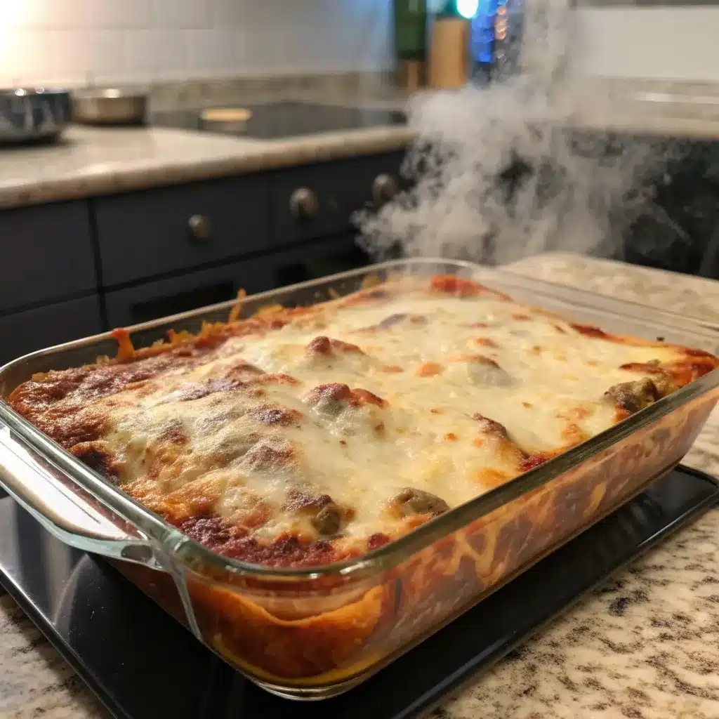 A bubbling casserole dish of easy high protein lasagna fresh from the oven.