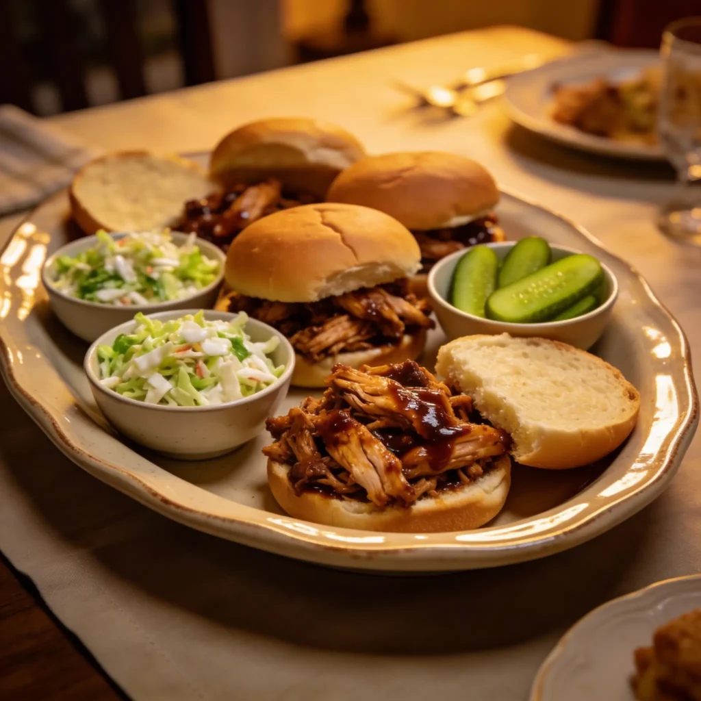 A large serving platter filled with open-faced BBQ chicken sandwiches and sides for a family dinner.