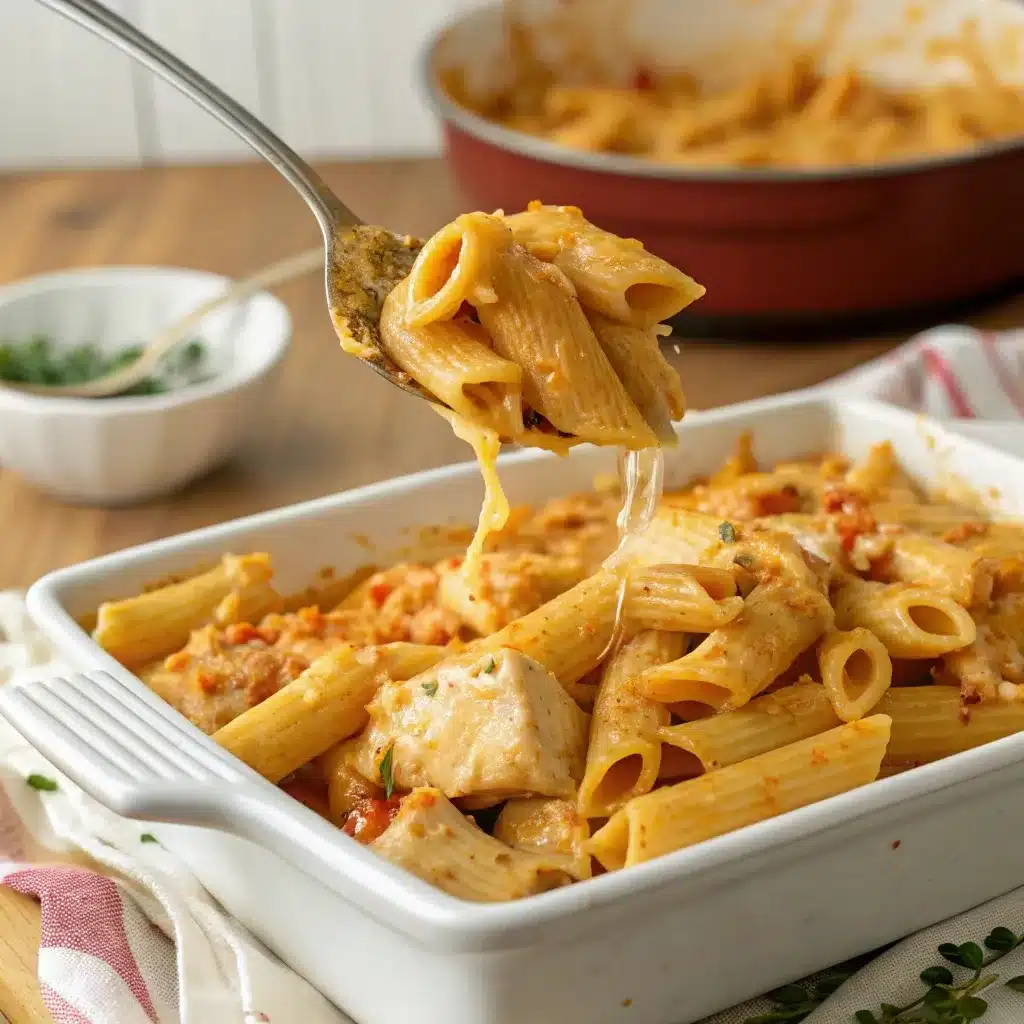 A large serving spoon lifting a scoop of cheesy buffalo chicken pasta from a family platter.