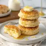 A stack of flaky high protein cottage cheese biscuits with melting butter on a white ceramic platter.