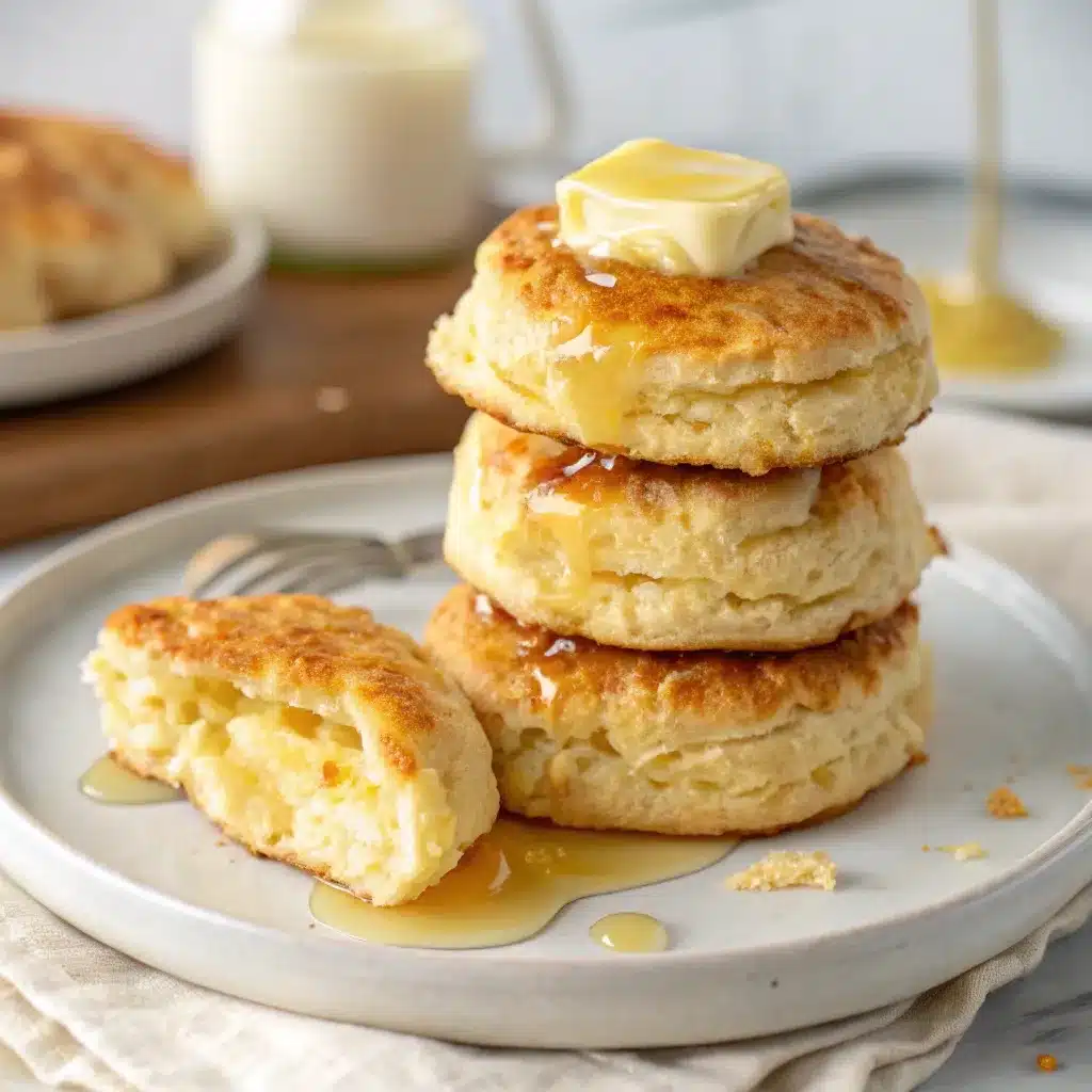 A stack of flaky high protein cottage cheese biscuits with melting butter on a white ceramic platter.