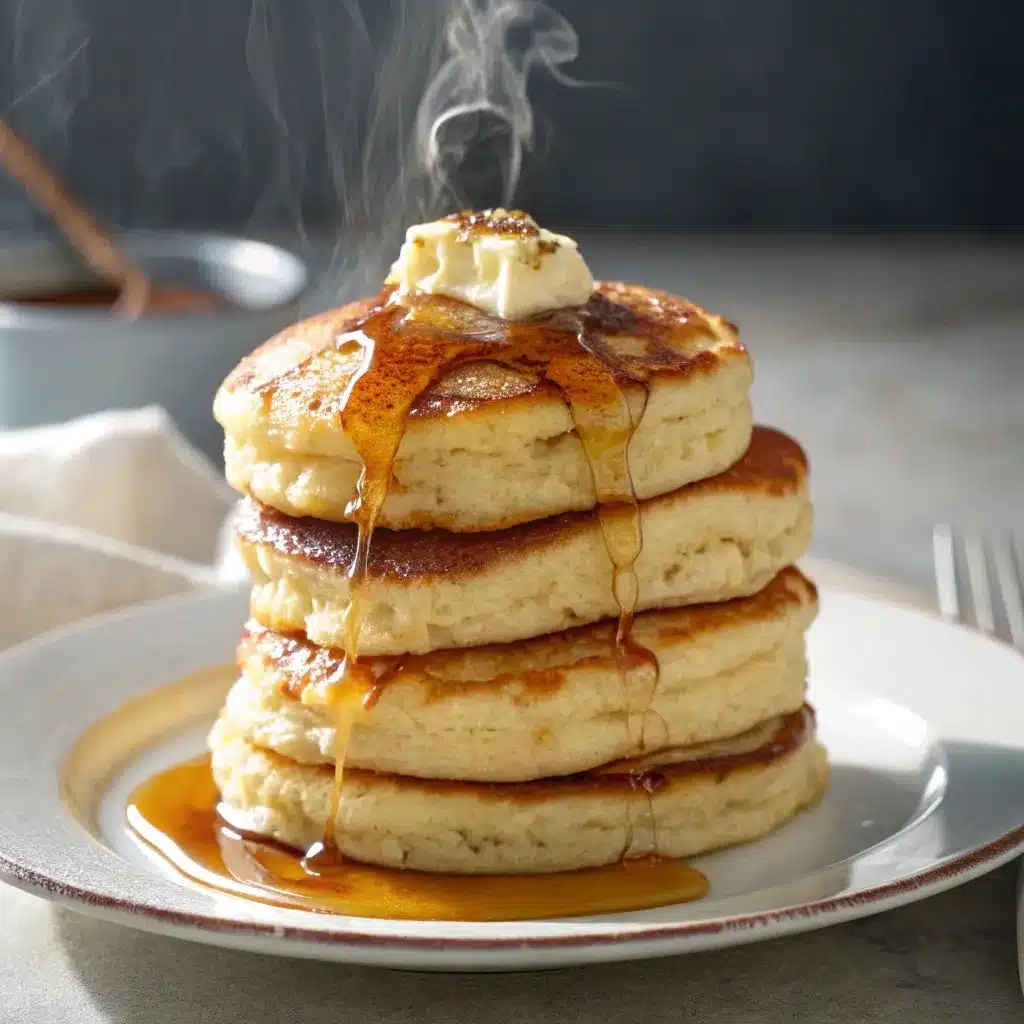 Stack of fluffy cottage cheese pancakes with syrup.
