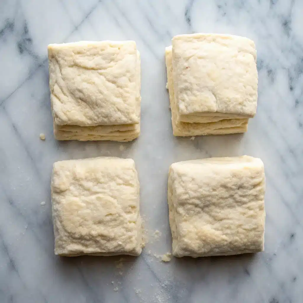 Folded cottage cheese biscuit dough block on a marble counter showing layers.