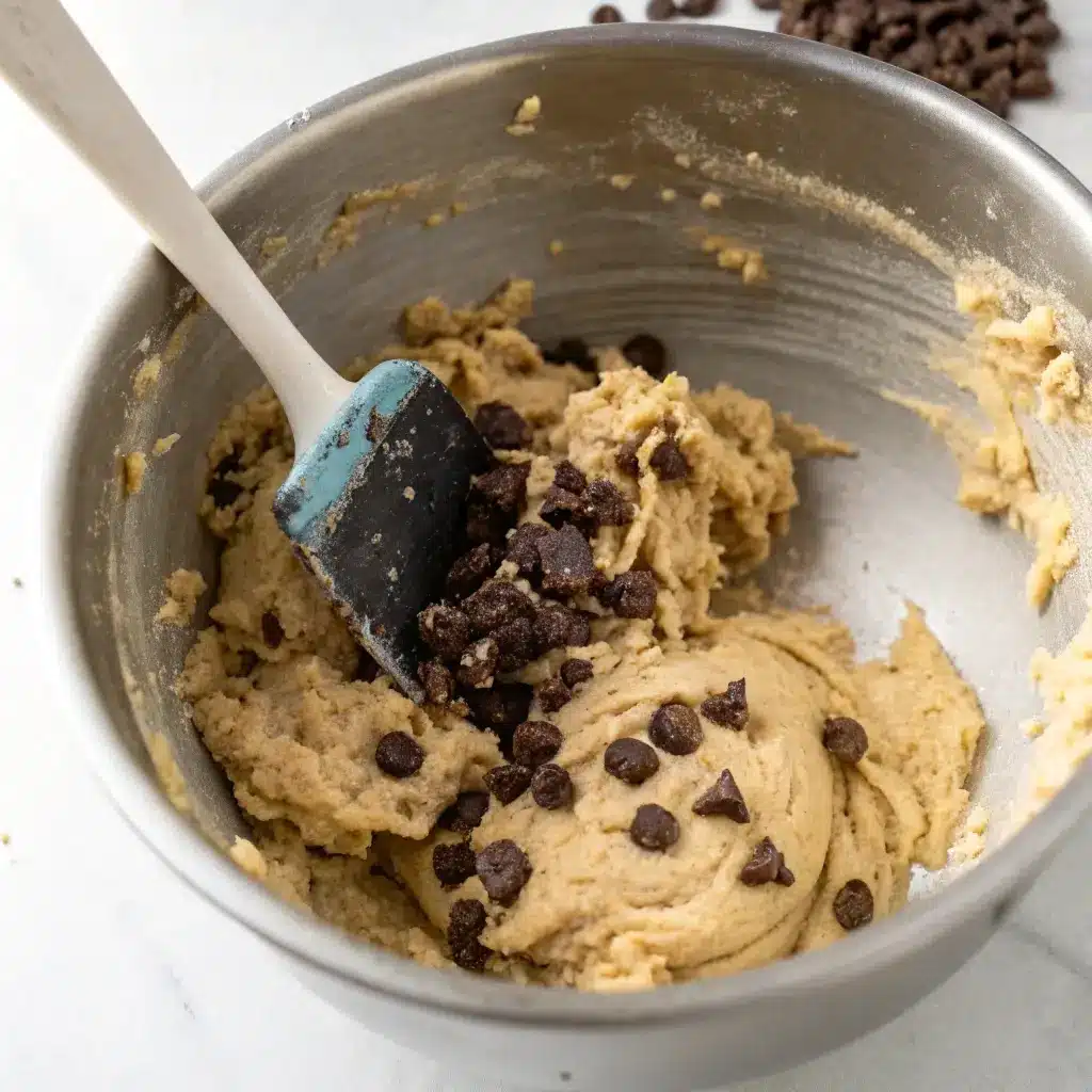 A spatula folding chocolate chips into the thick protein cookie dough mixture.