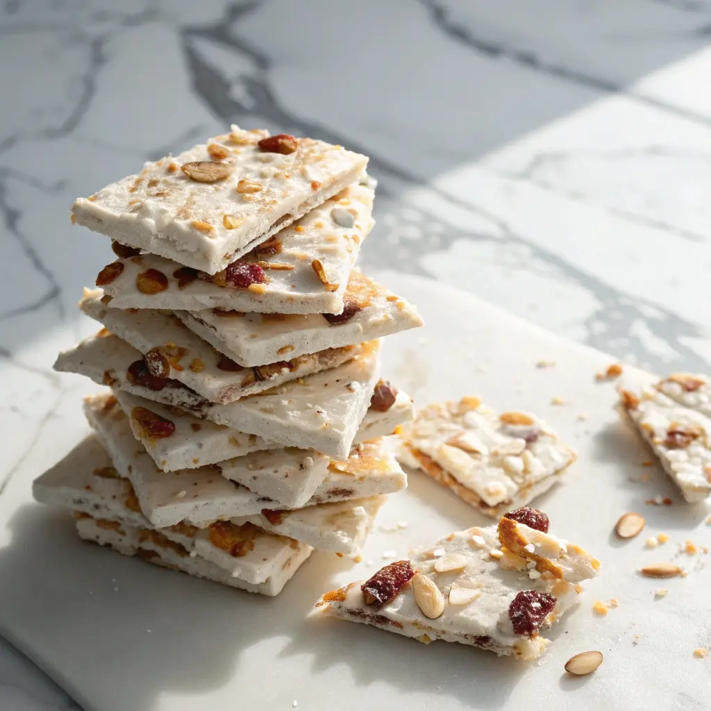 A stack of frozen Cottage Cheese Bark pieces ready to eat.