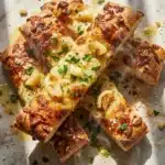 A stack of soft Garlic Cheesy Breadsticks glistening with melted butter on a marble platter.