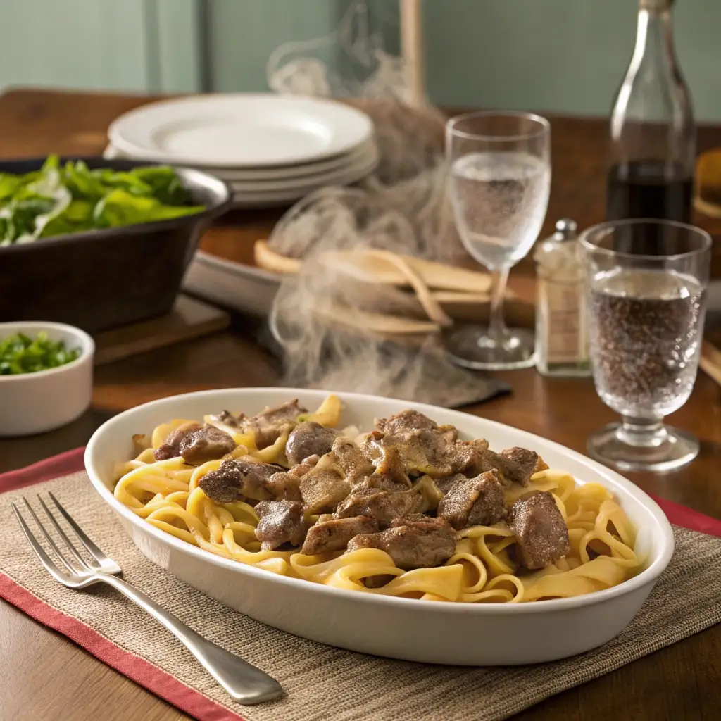 A large serving platter of beef stroganoff ready for dinner.