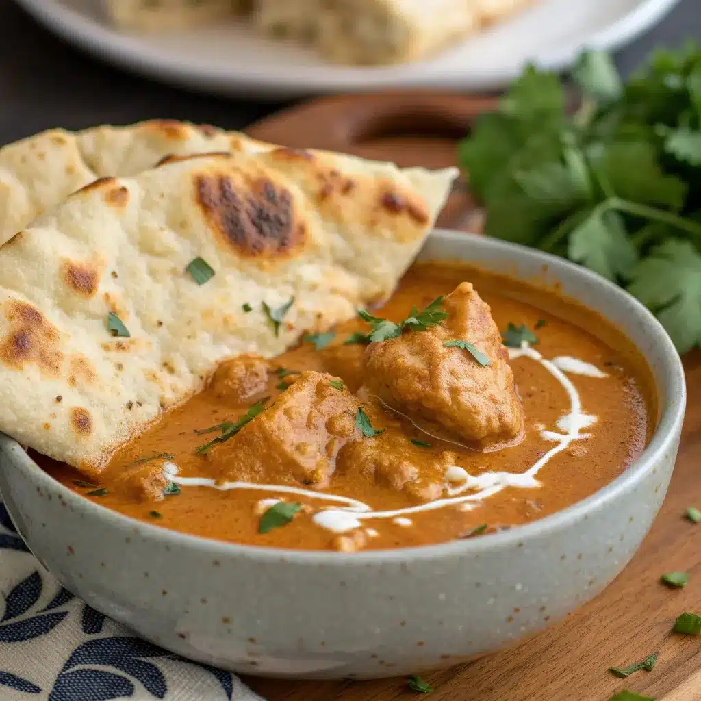 A piece of naan bread dipping into a bowl of creamy Slow Cooker Butter Chicken.