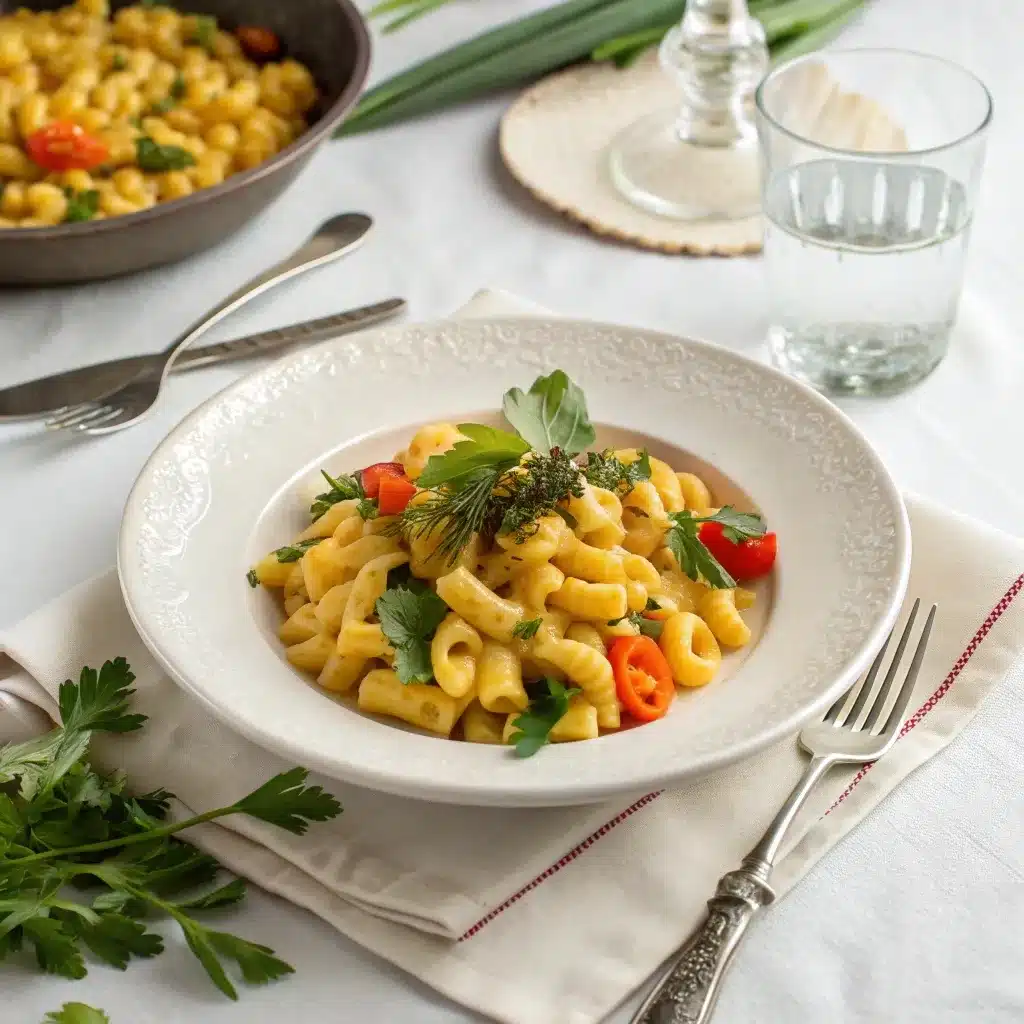A dinner setting with a plate of healthy mac and cheese.