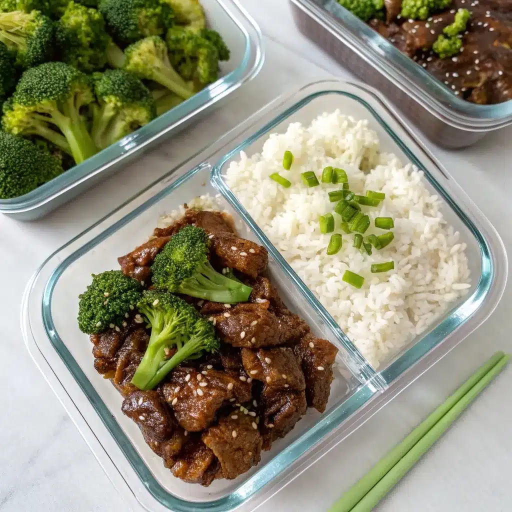 Meal prep container with Mongolian beef, rice, and broccoli.