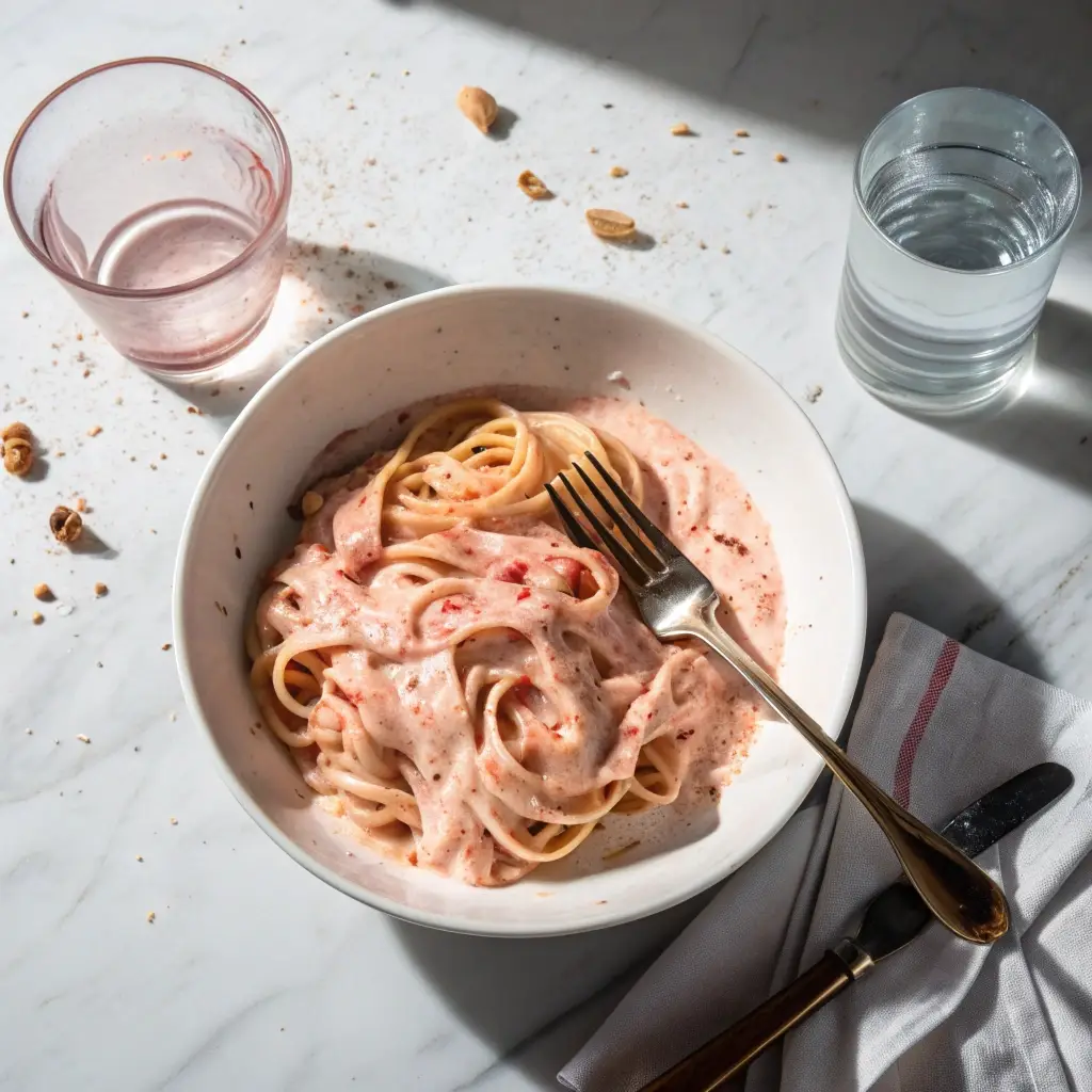 A dinner setting with a large bowl of healthy pink sauce pasta.