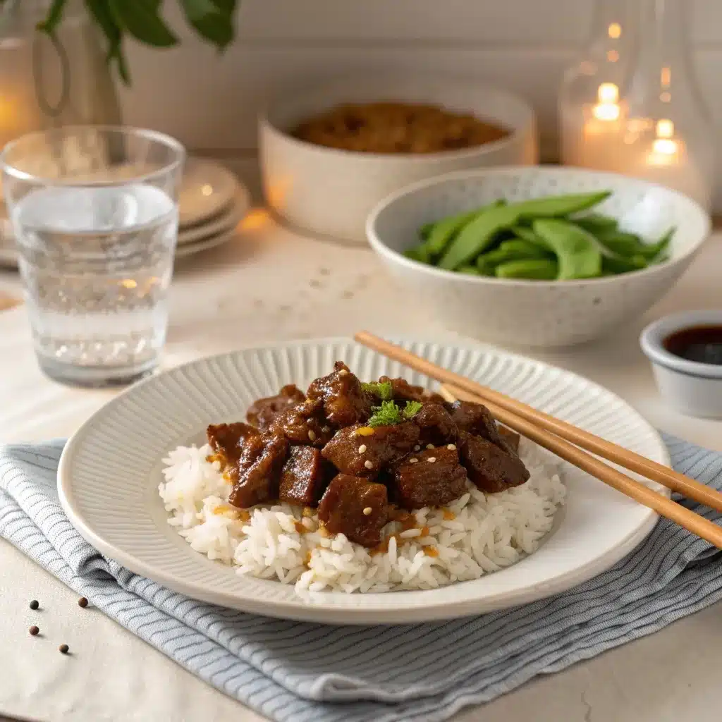 A cozy dinner setting with a plate of Mongolian beef.