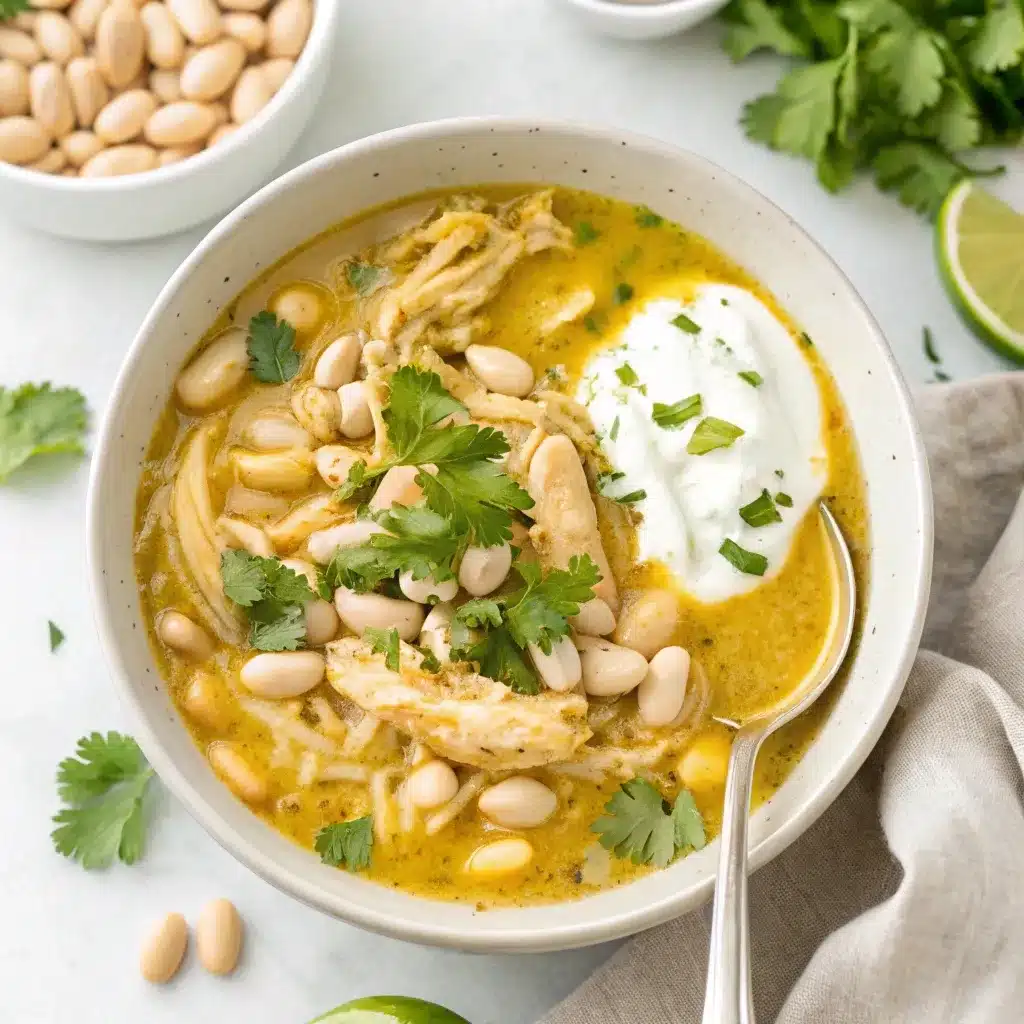 A fresh, vibrant bowl of homemade Slow Cooker White Chicken Chili with extra sauce.