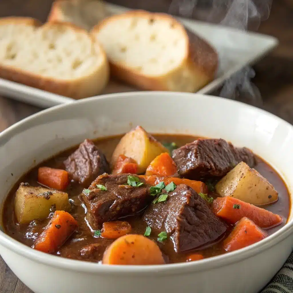 A white bowl filled with rich beef stew, carrots, and potatoes.