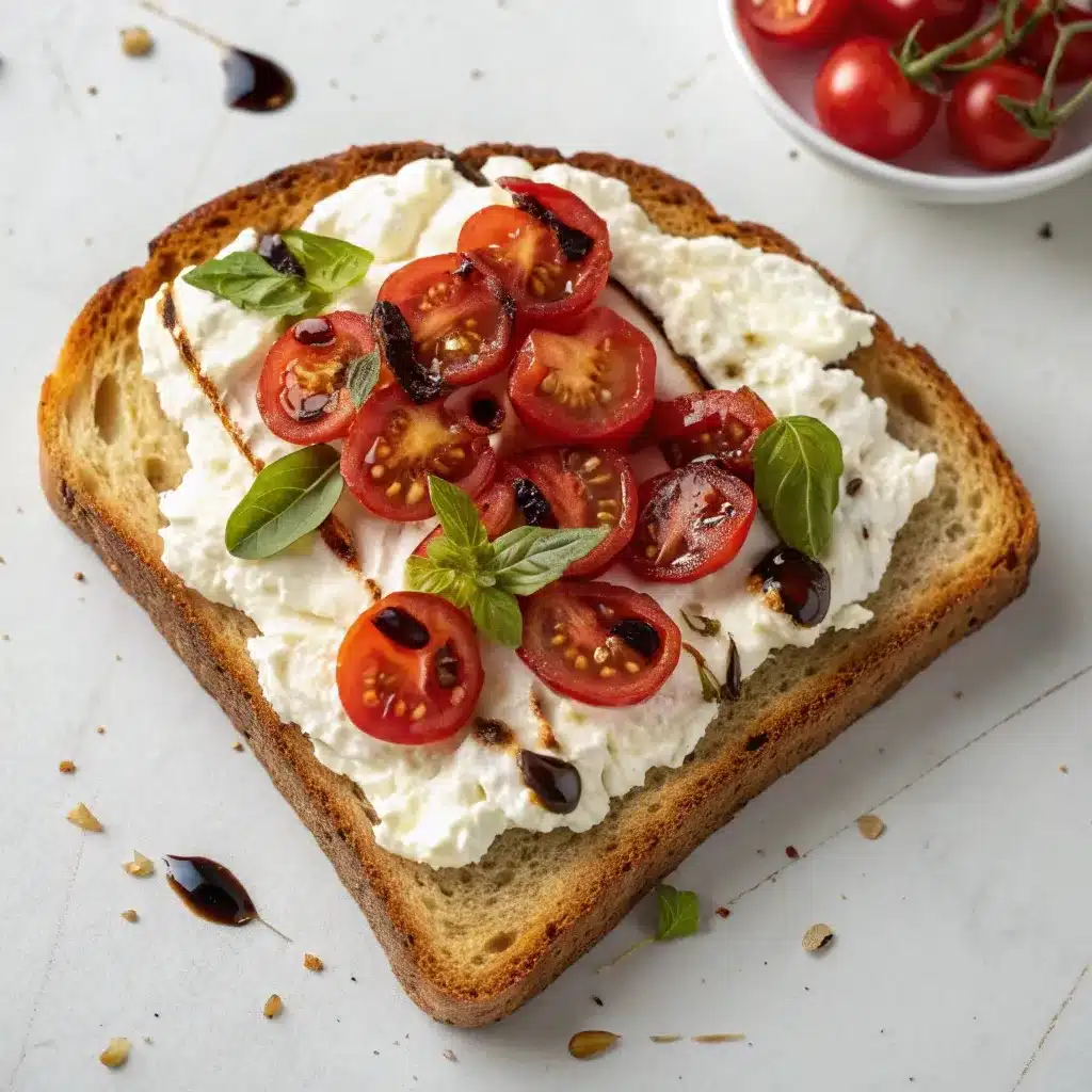 Sourdough toast topped with creamy whipped cottage cheese and cherry tomatoes.
