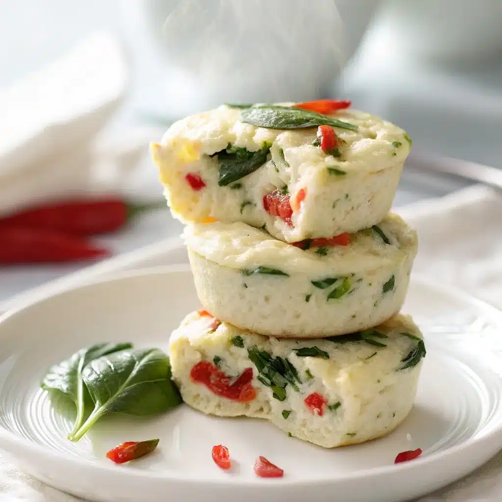 Close up of fluffy egg white bites with spinach and peppers on a plate.