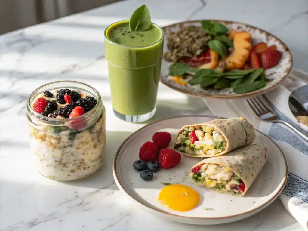 A beautiful spread of High Protein Breakfast Ideas items including egg bites, smoothies, and overnight oats.