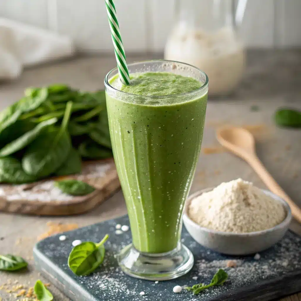 A tall glass of bright green smoothie with condensation.