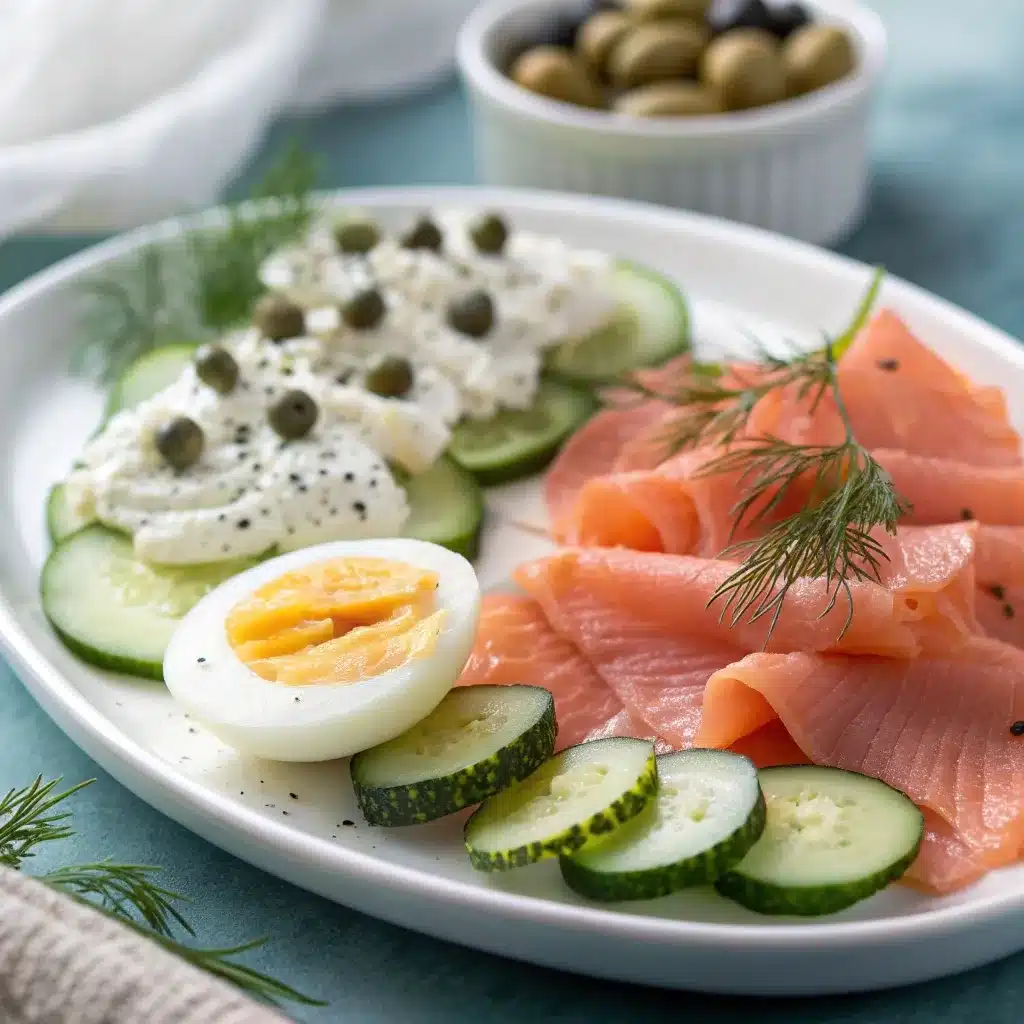 A plate with smoked salmon, cucumber, capers, and a hard boiled egg.