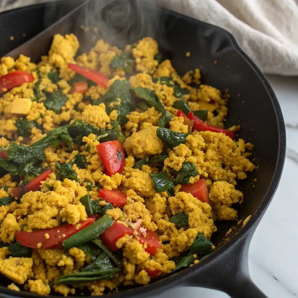 A skillet filled with yellow tofu scramble, spinach, and peppers.