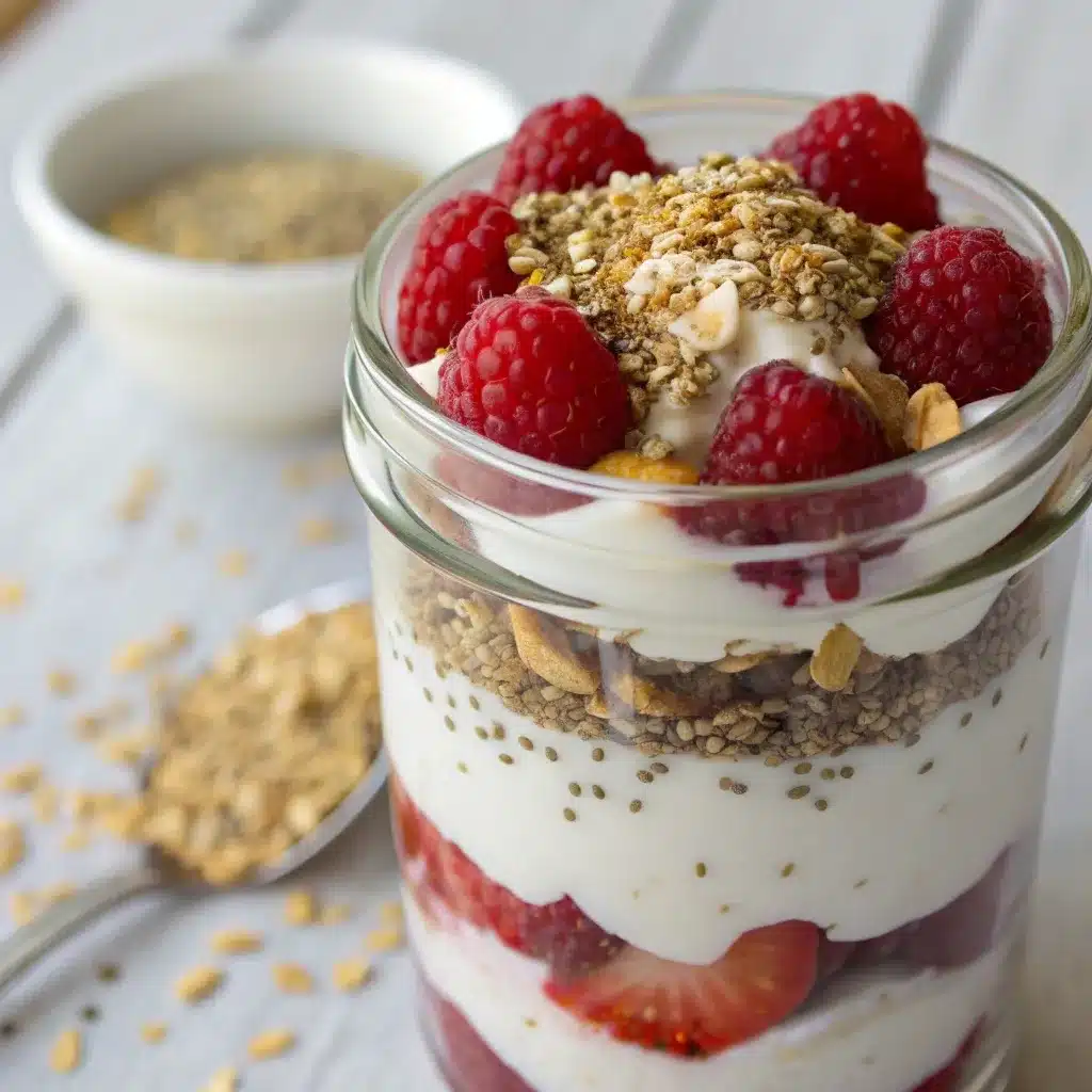 Layers of greek yogurt, berries, and granola in a glass jar.