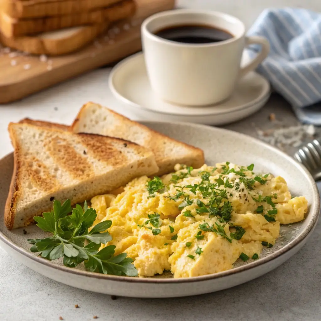 A high protein breakfast spread with scrambled eggs and toast.