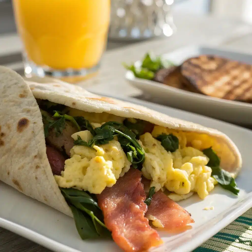 Cottage cheese flatbread filled with scrambled eggs and spinach for a breakfast burrito.