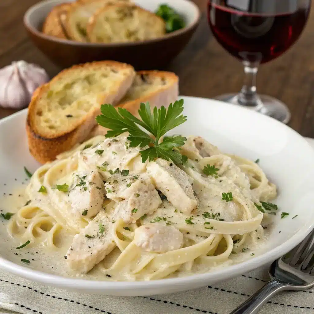 High protein chicken alfredo made with cottage cheese sauce.