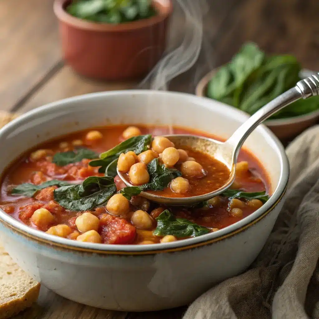 A rustic bowl of chickpea and spinach stew with crusty bread.