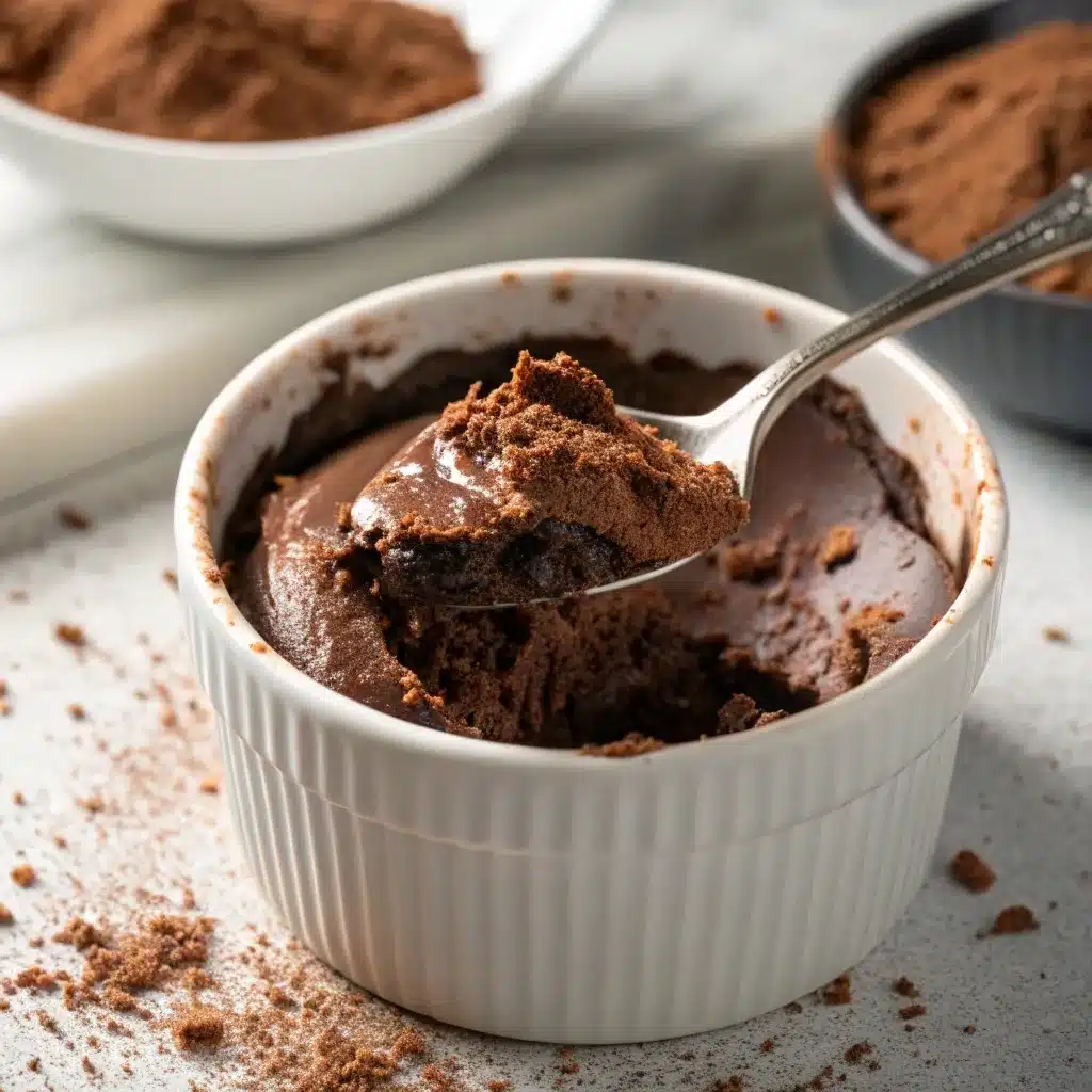 Velvety high protein chocolate mousse in a white bowl with a spoon.