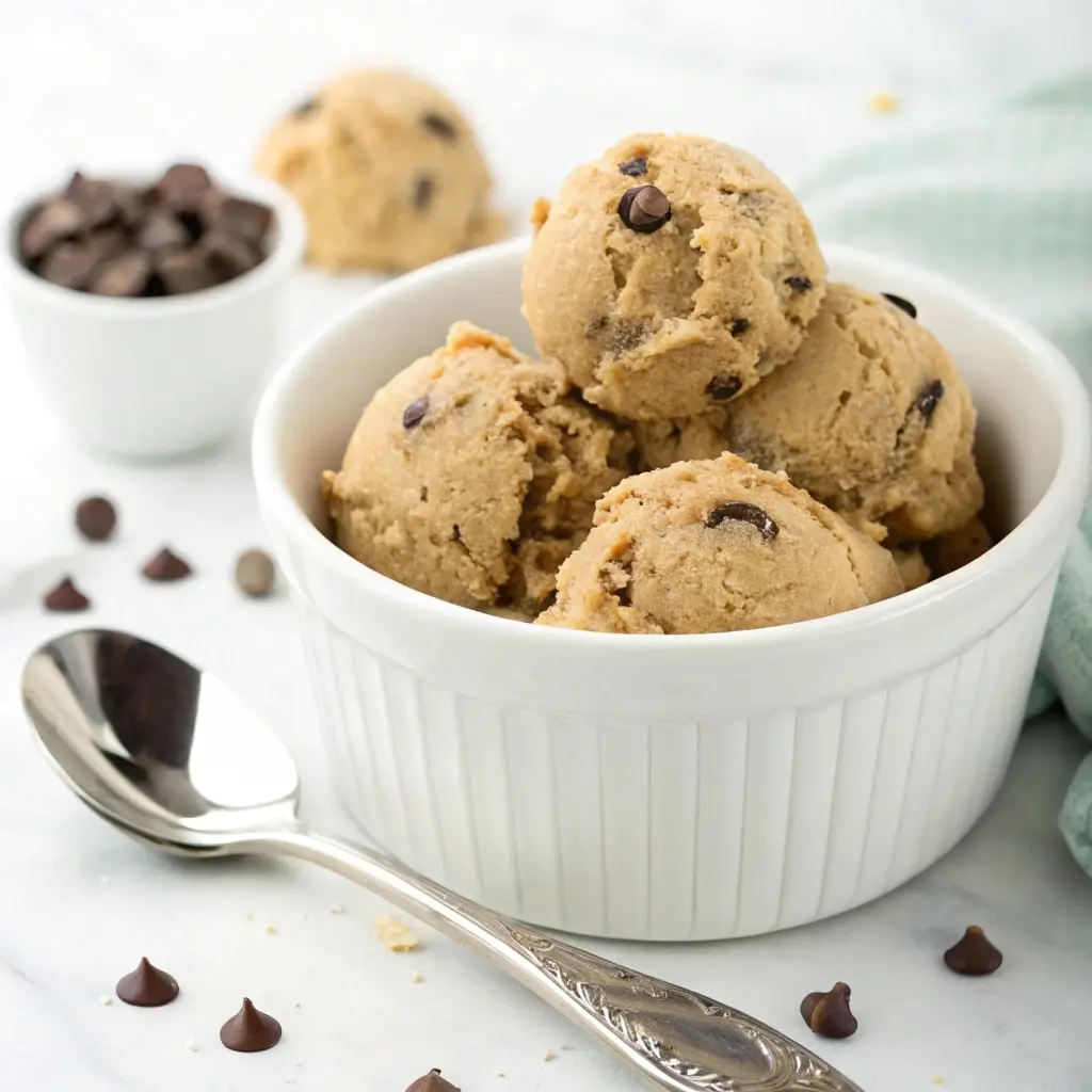 A bowl of high protein cookie dough with chocolate chips ready to eat.