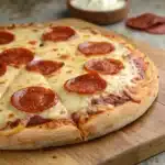 A crispy High Protein Cottage Cheese Pizza Crust topped with pepperoni and basil on a marble surface.