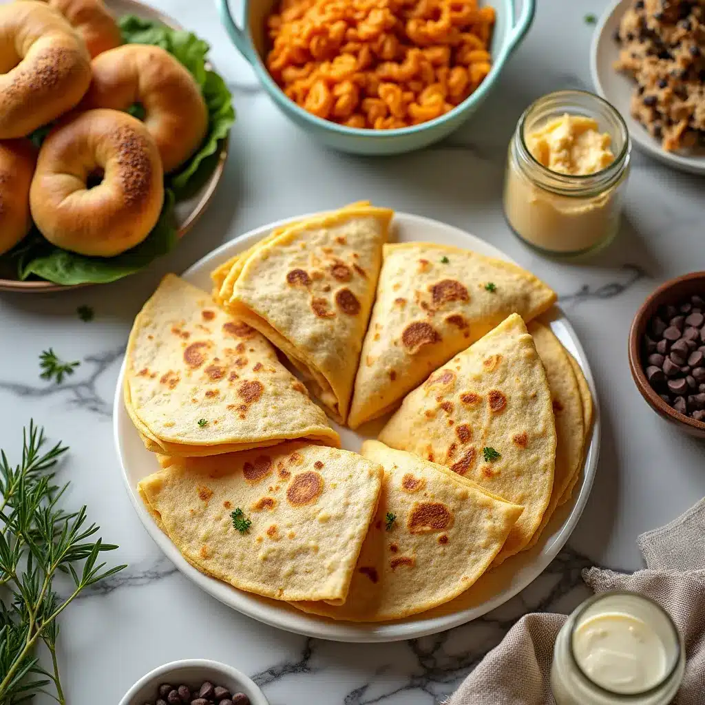 A table spread featuring 25+ high protein cottage cheese recipes including flatbreads, pasta, and bagels.